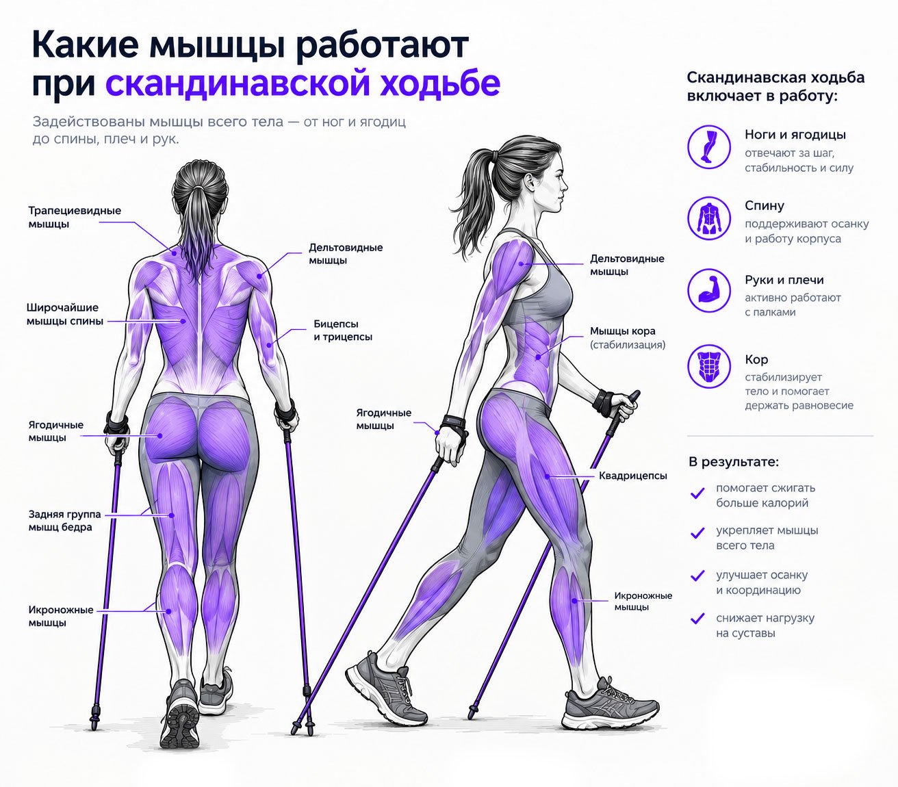 Схема – какие группы мышц включаются при скандинавской ходьбе, вид со спины и сбоку