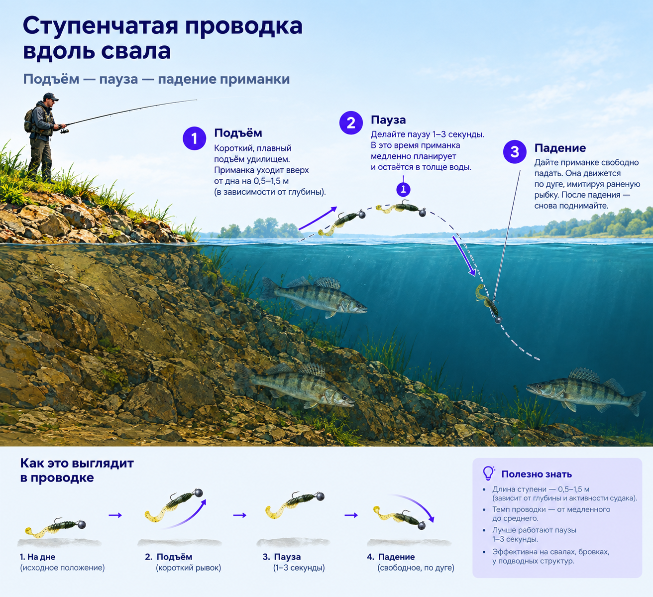 Схема ступенчатой проводки вдоль свала: подъём, пауза, падение приманки