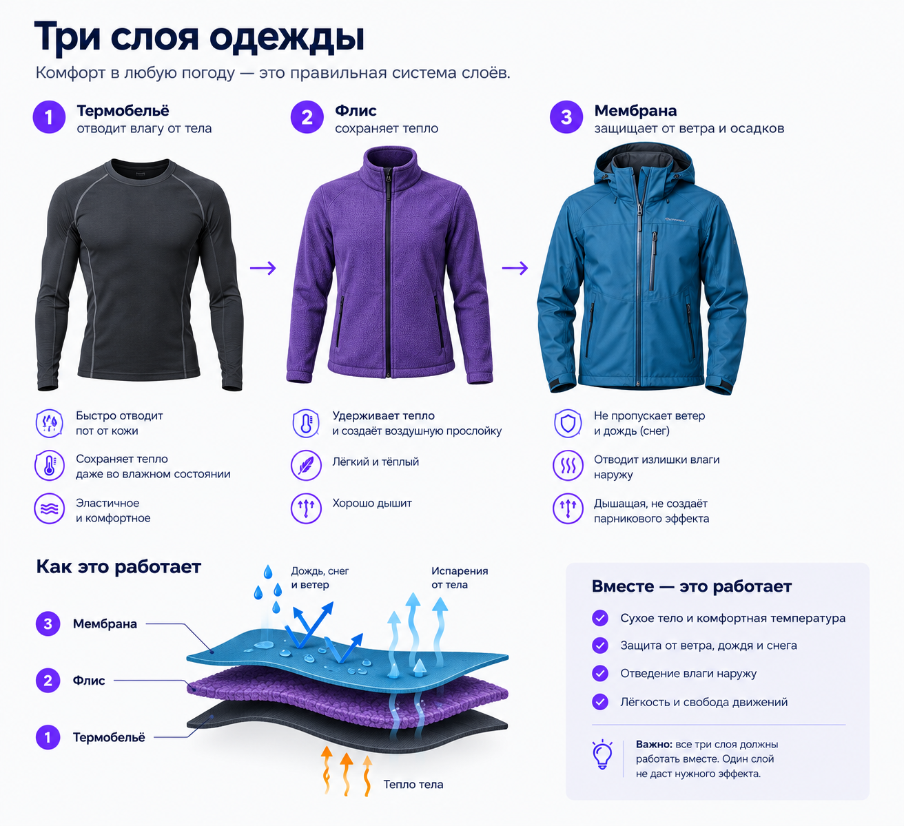Схема трёх слоёв одежды: термобельё, флис, мембрана