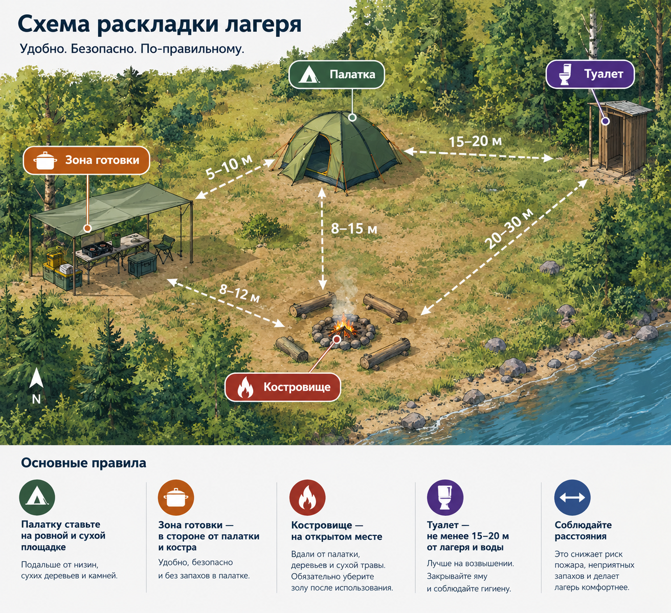 Схема раскладки лагеря: палатка, зона готовки, костровище, туалет с указанием расстояний